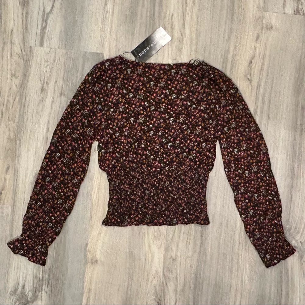 NWT Paper Crane Long Sleeve V Neck Smocked Peasant Top Black Floral Size XS - Picture 6 of 6